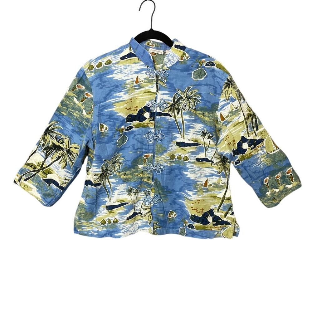 Passports Summer Island Resort Linen Button‎ Up Shirt Women’s Size XL Y2K Aloha
